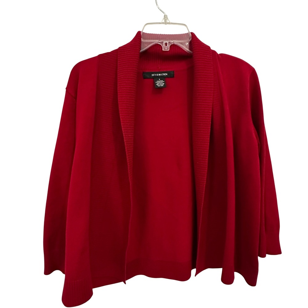89th & Madison Shawl Collar Cardigan Red Open Front 3/4 Sleeve Office Siren S
